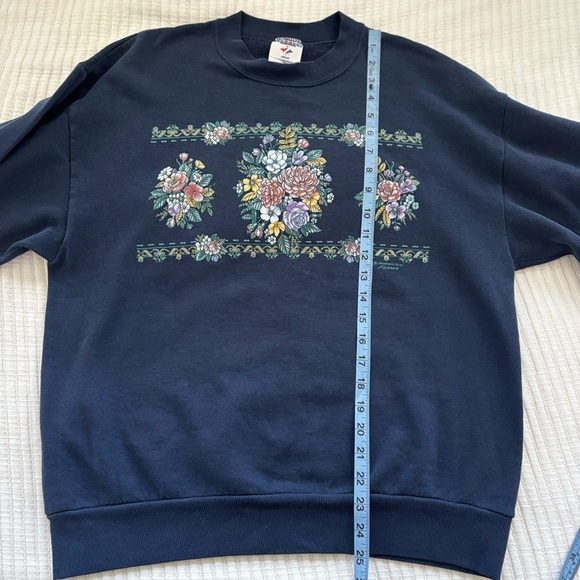 Vintage 90's Navy Blue Morning Sun Floral Graphic Crewneck Sweatshirt Size Large - Picture 10 of 10